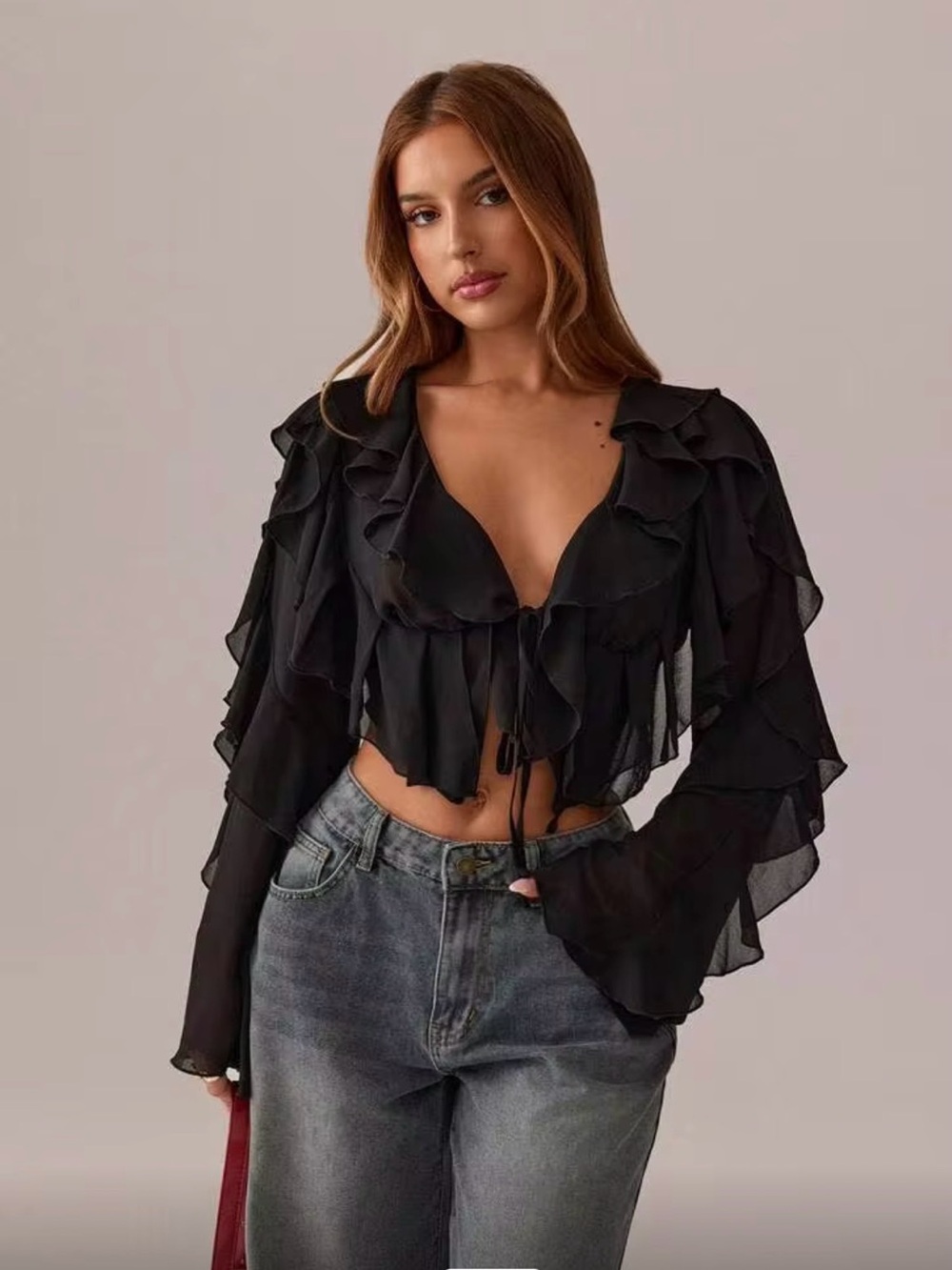 Ruffle Tie-Front Sheer Blouse - Black